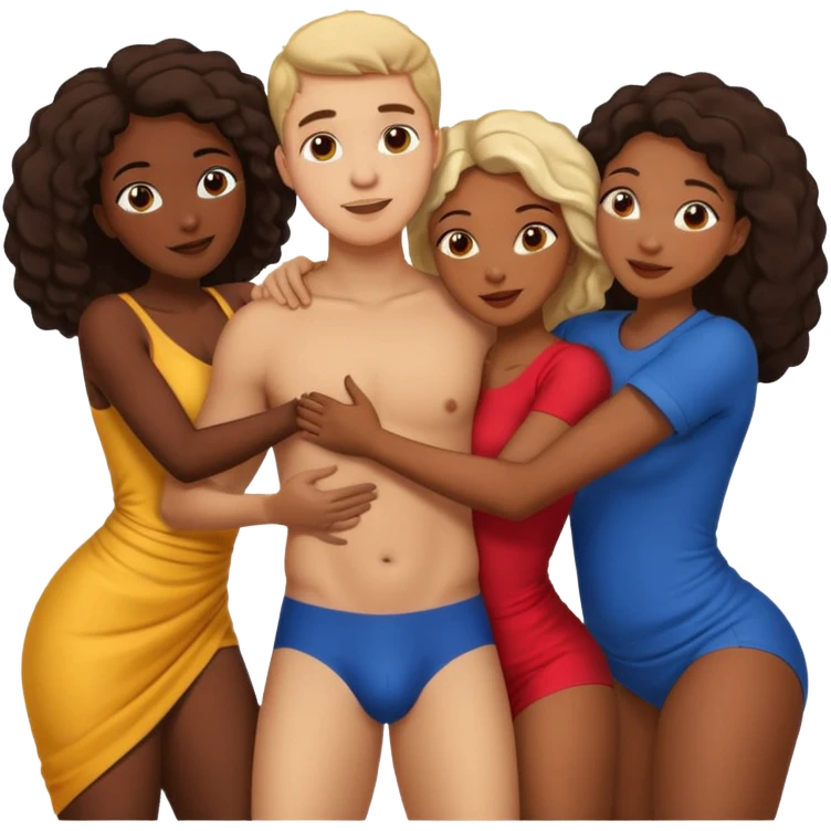 one american italian young man surrounded by three african women with large butts hugging him and each other and grabbing his crotch emoji