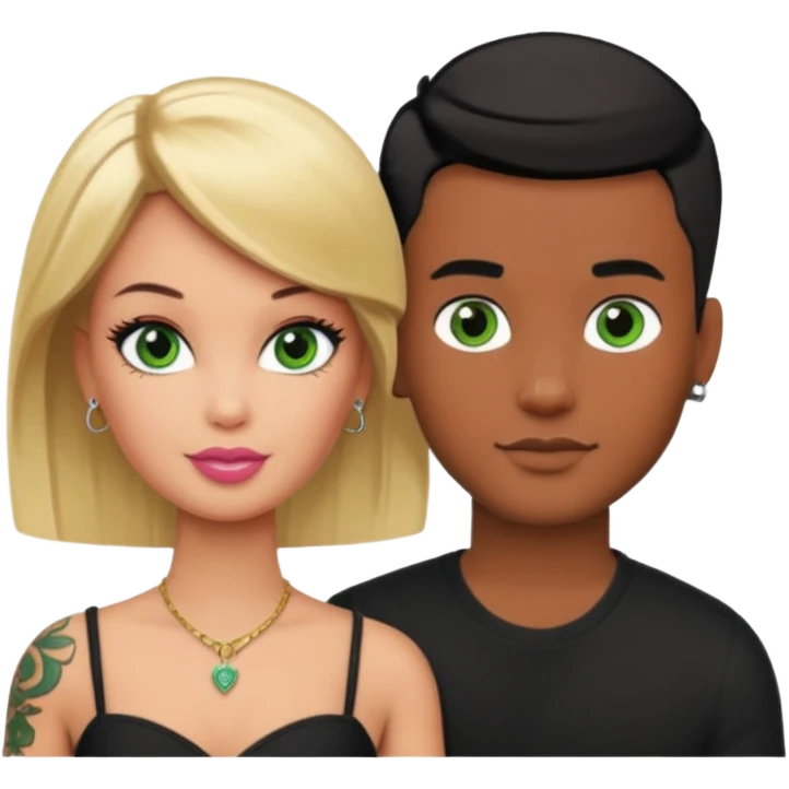 Brown skin blonde hair barbie with her boyfriend with black short hair and green eyes with tattoos emoji