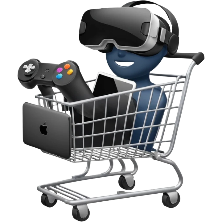 shopping cart filled with a VR headset, tablet, and game controller emoji