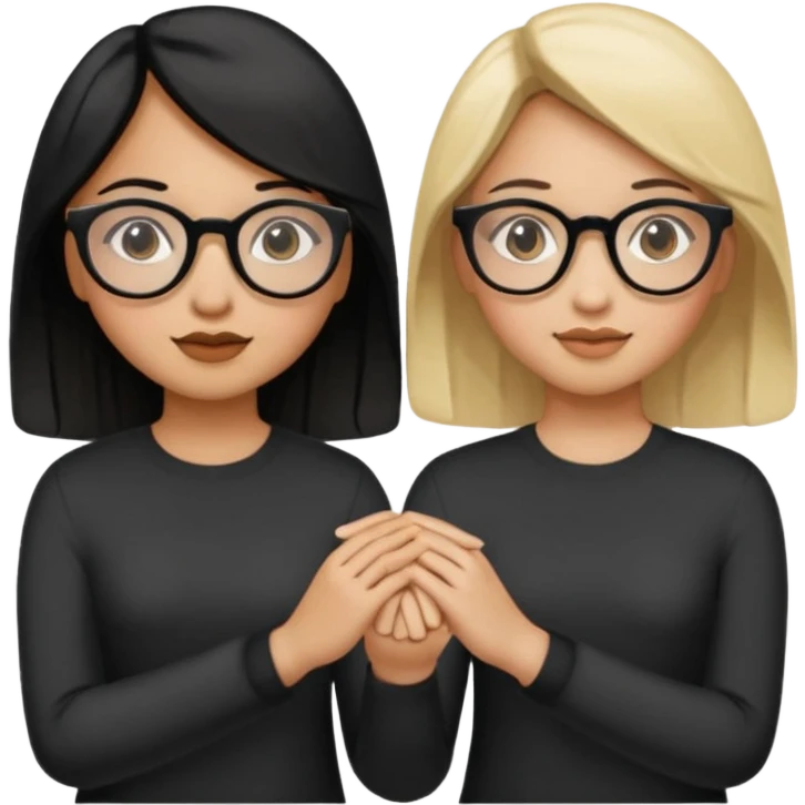 2 girls holding hands, one with tan skin, black hair and round glasses, and the other girl with light Skin, dark blonde hair, and black round glasses emoji