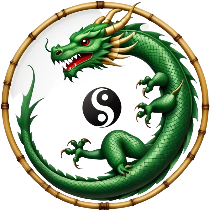 An icon symbolizing Eastern martial arts in the style of an emblem, with a black-and-white Yin-Yang symbol at the center. A dragon is placed on either side, representing strength and wisdom. The design includes bamboo and traditional elements. Transparent background emoji