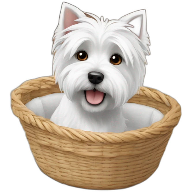West Highland white terrier in way too small dog basket emoji