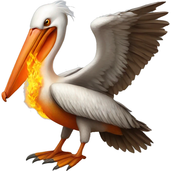 Pelican with orange wings and fire emoji