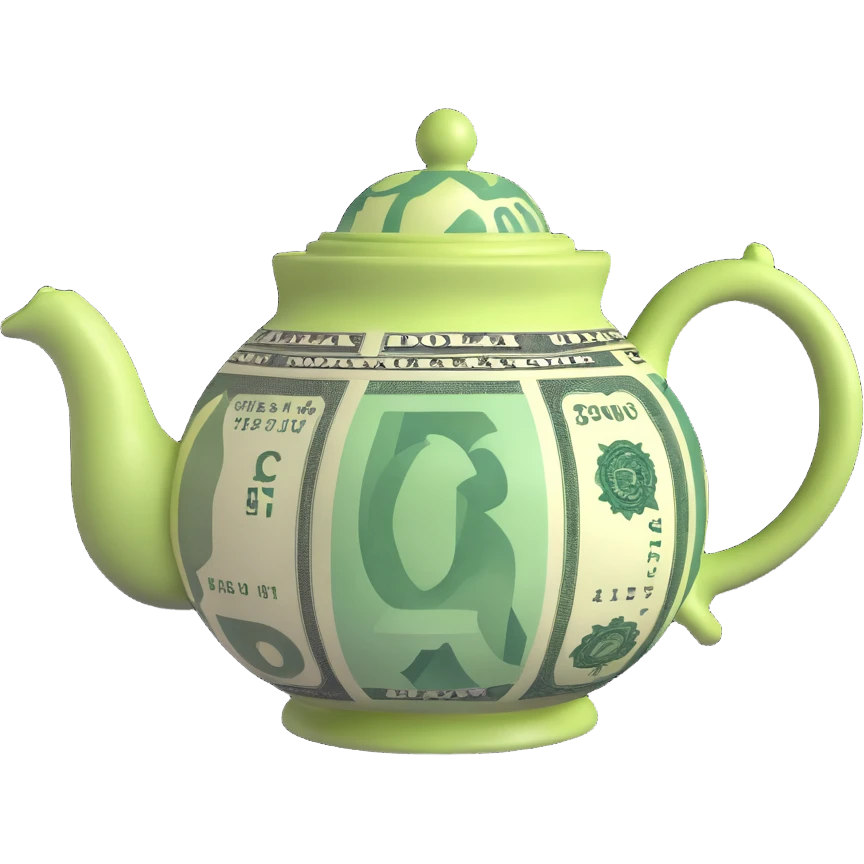 a teapot with dollar bills as decoration, whimsical style emoji