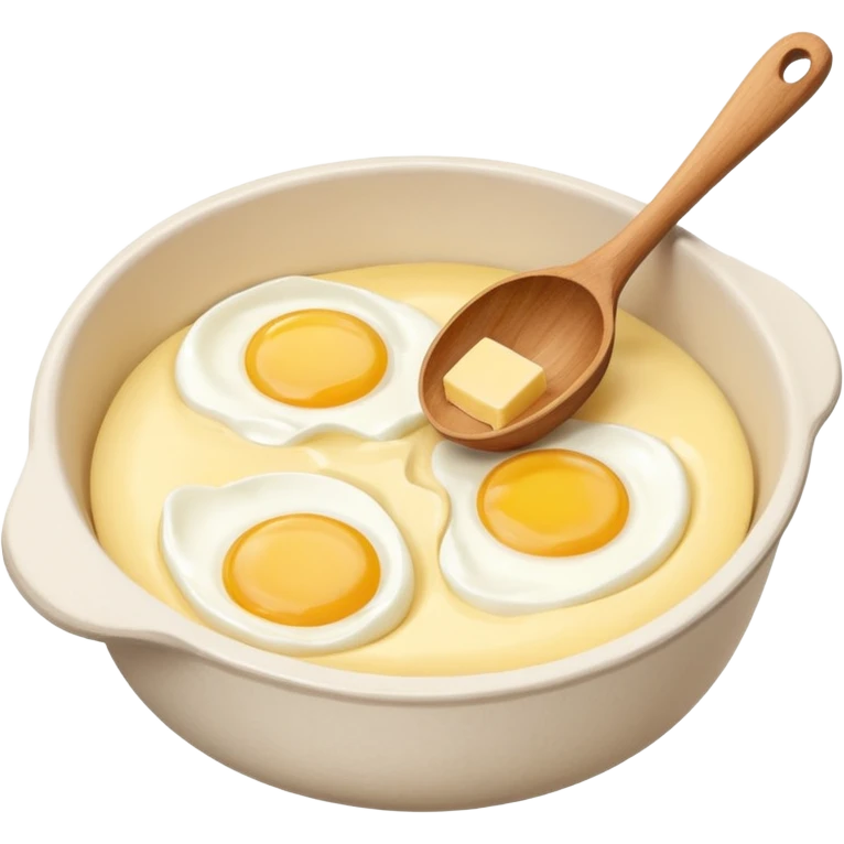 A carton of eggs, butter and a cream ceramic baking bowl with a wooden spoon in it emoji