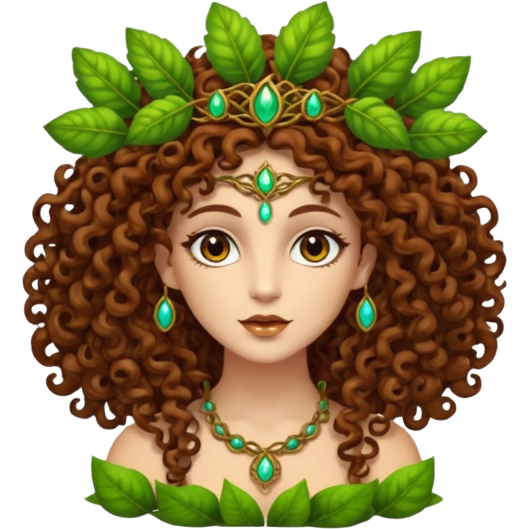 Psychedelic goddess of the forest with brown eyes , brown curly hair emoji