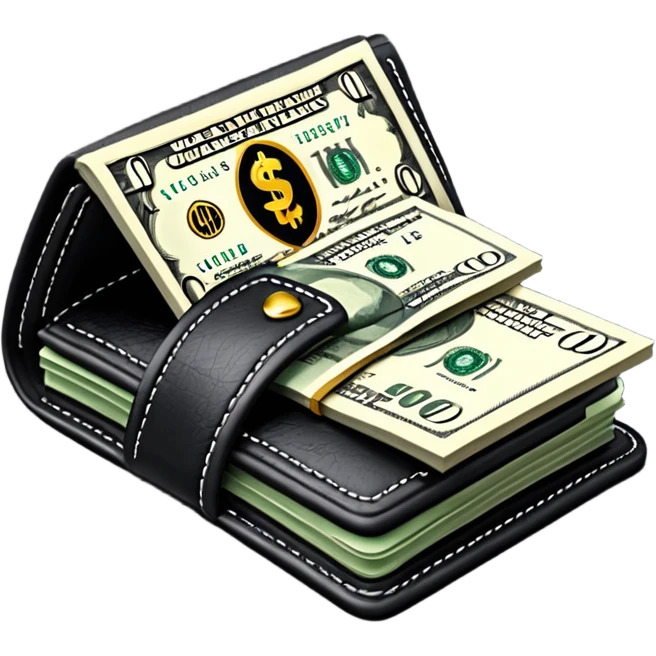 Rich emoji style black leather wallet with dollar bills, luxury money vibe, premium 3D emoji, ultra clean, high detail, no background
 emoji