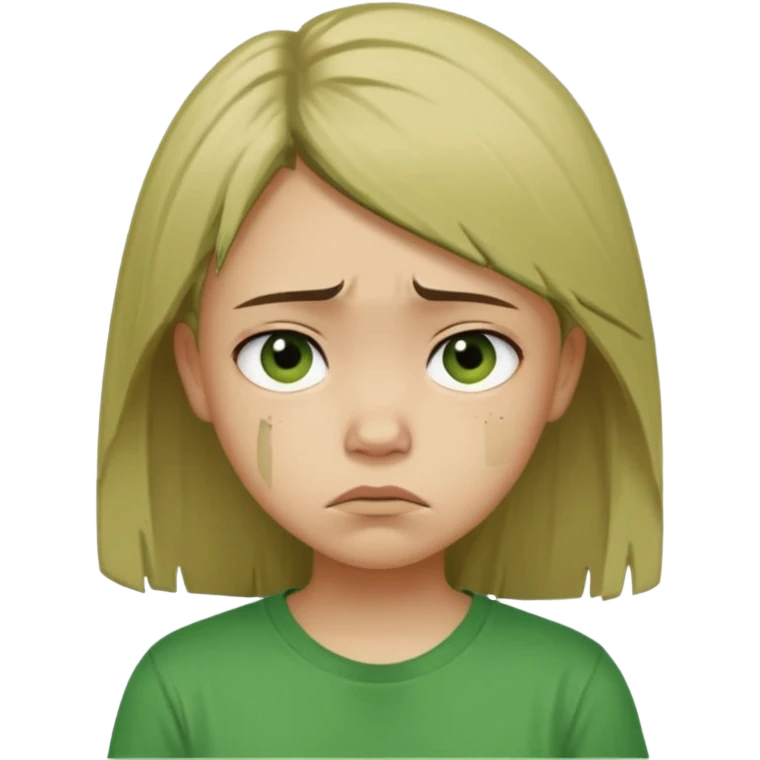 Young girl with straight, damaged, unkempt hair, wearing a green T-shirt, with a sad and discouraged expression on her face. emoji
