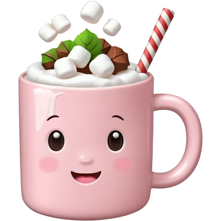 light pink mug with hot chocolate and marshmallows emoji
