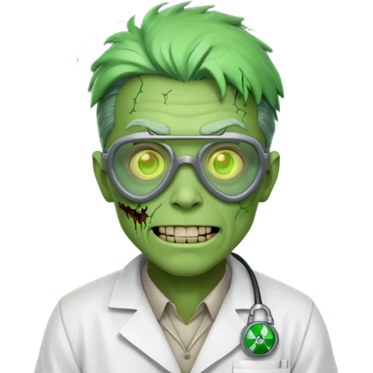 radioactive zombie scientist portrait, head and shoulders only, glowing toxic veins, cracked goggles, lab coat with radiation badge, sinister smile, 3D cartoon, mobile game icon style, clean background, no text, no watermark
 emoji