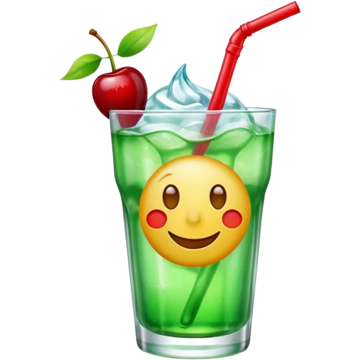 Create an emoji with a very clear rounded glass and ice, bright transparent green soda , a smooth vanilla scoop circle shape, a glossy red cherry, using vibrant colors, soft shading, and clear glass highlights.
 emoji