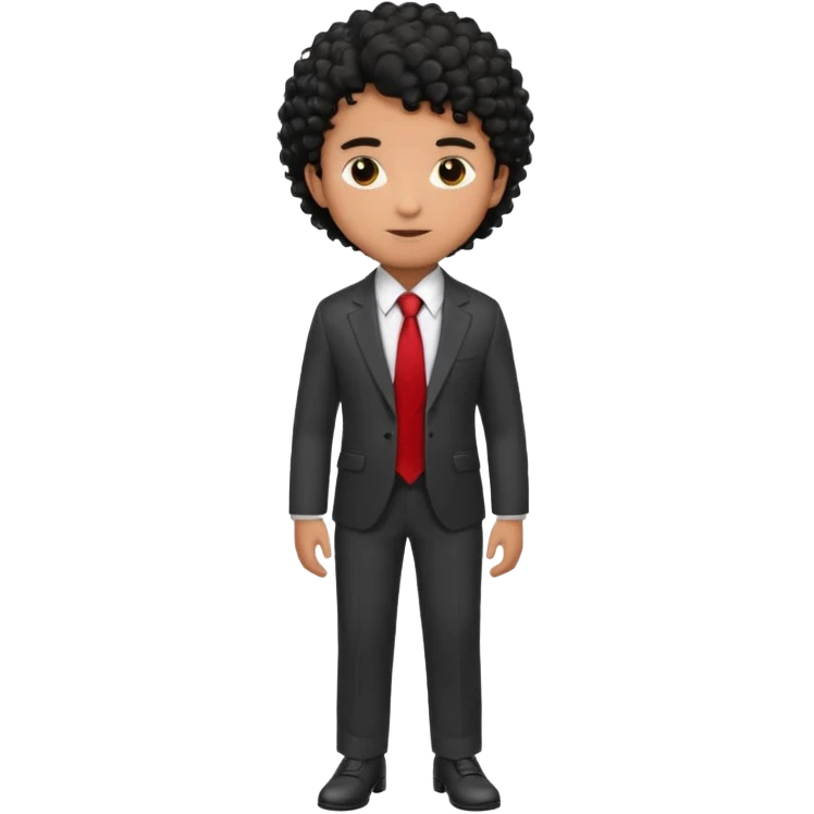 Young man, brown skin, black curly hair, tailored trousers, suit jacket, and tie, portrait

 emoji