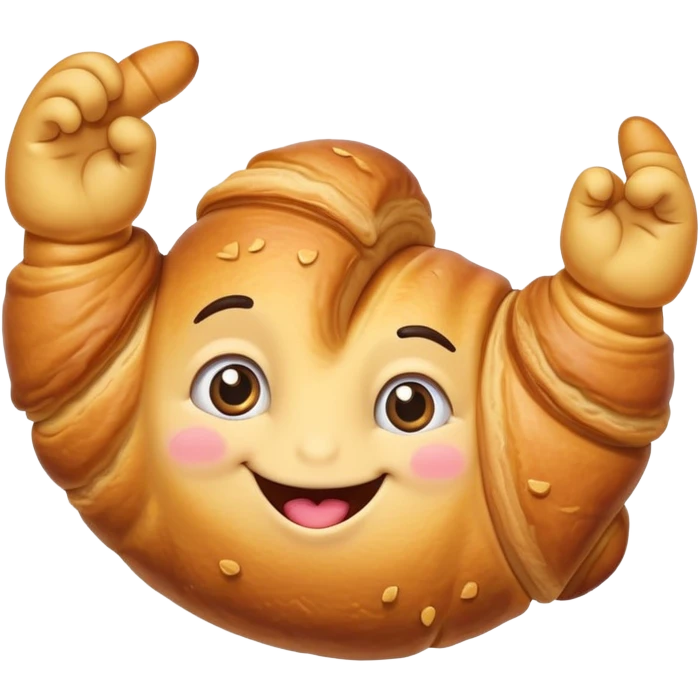 a drawn croissant with eyes and a smiling mouth, making a heart with his fingers emoji
