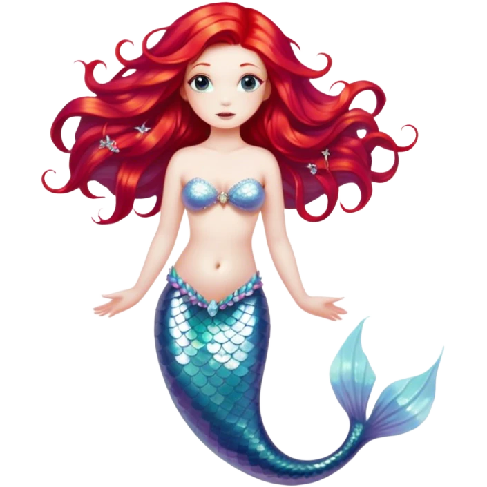 Cinematic Realistic Red Hair Mermaid Portrait, depicted with lifelike porcelain white skin that glows with an ethereal radiance, enhanced by soft underwater lighting. Her intricately detailed, flowing red hair cascades like liquid fire, framing deep, soulful eyes that mirror the mysteries of the deep sea. Accented by shimmering, iridescent scales and delicate aquatic embellishments, the portrait features an enchanting underwater glow that marries realism with mythic ocean elegance. emoji