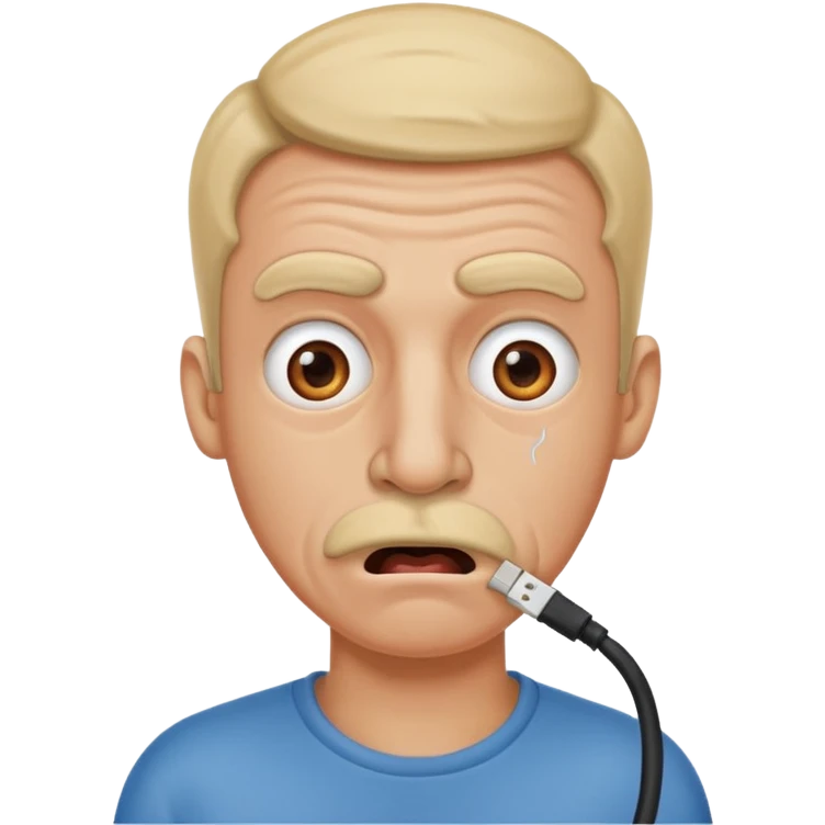Silly man with LAN cable in his nose, cartoon shock emoji