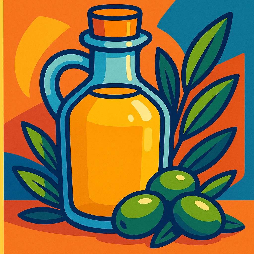 cartoon style olive oil bottle with olives and leaves, vibrant colors emoji