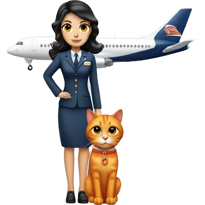 Dark hair brown eyed flight attendant with an all orange cat emoji