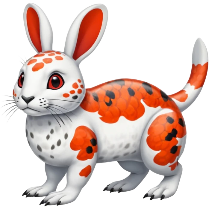 Rock Ptarmigan-Snow-Leopard-Snowshoe-Hare-Koi-Fish-Pokémon-Fakémon-Animal-hybrid, full body, with red marking over eye emoji