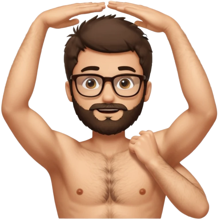 iOS emoji-style cartoon, light stubble, glasses, wide eyes, neutral skin tone, shirtless , very hairy chest , one arm up very hairy armpit. Lots of body hair  emoji