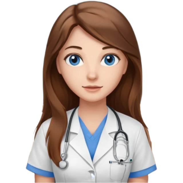 inside a classroom at university that says nursing school on the board with a pretty female nursing student with long brown hair, blue eyes emoji