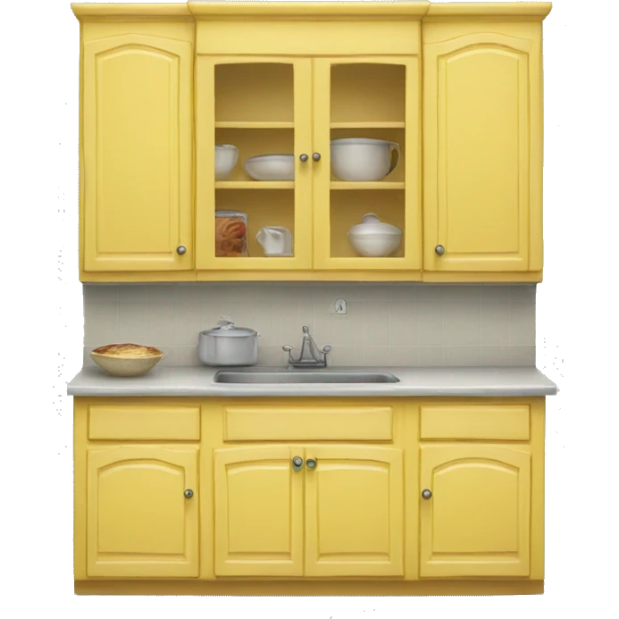 Realistic front facing yellow kitchen counter and cabinet. emoji