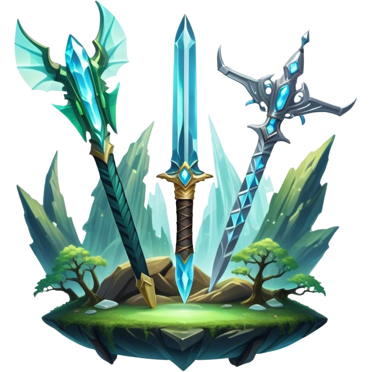 Icon for Fantasy and Sci-Fi: a magical sword, a glowing crystal, and a futuristic spaceship flying over an enchanted forest, with mythical creatures like dragons or aliens. The icon should capture the wonder and adventure of fantasy and sci-fi worlds. Transparent background. emoji
