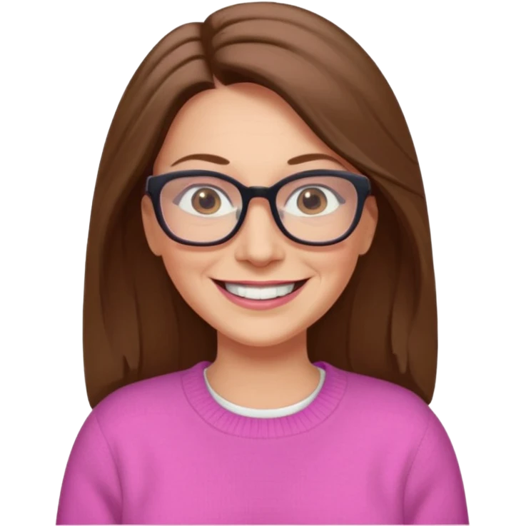 50 yr Caucasian woman, long brown hair parted on side, brown eyes, glasses,big smile, white teeth, pink sweater emoji