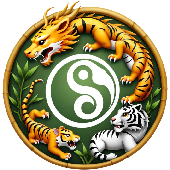 An icon symbolizing Eastern martial arts in the style of an emblem, featuring a black-and-white Yin-Yang symbol, a dragon, and a tiger. The dragon and tiger represent strength and agility, surrounding the symbol. Traditional elements like bamboo add to the design. Transparent background. emoji