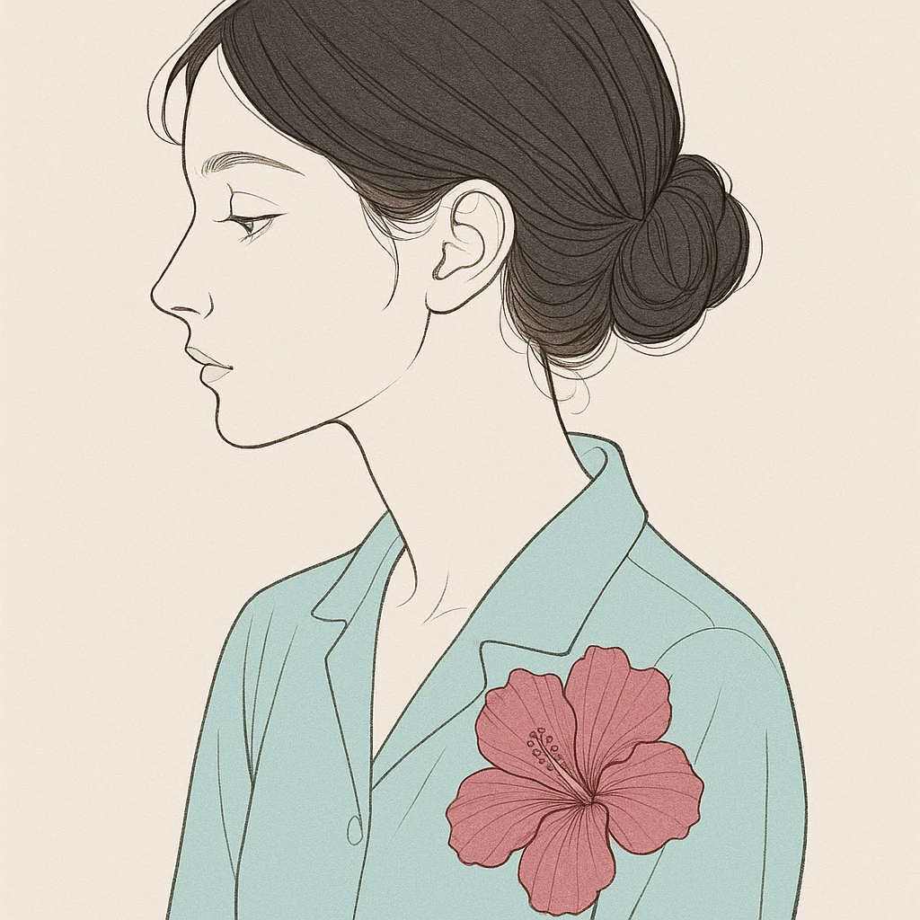 portrait of a black-haired girl with a neat low bun and side hair, face in profile, wearing a light sea blue silk shirt, adorned with a dark pink hibiscus flower, delicate line art emoji