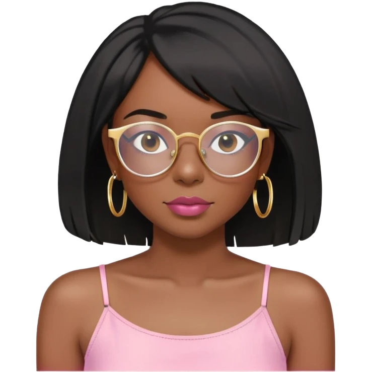 Dark Black girl with black shoulder length bob with layers. She wears clear glasses and has on small gold hoop earrings and lipgloss. Shes also wearing a light pink spaghetti strap shirt emoji