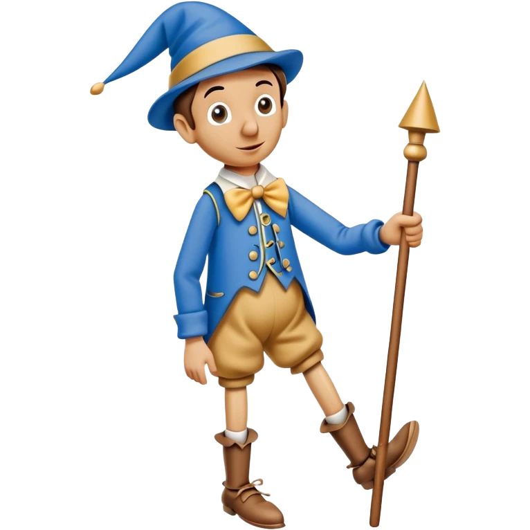 Wooden puppet Pinocchio with a long nose, wearing blue clothes and a pointed hat emoji