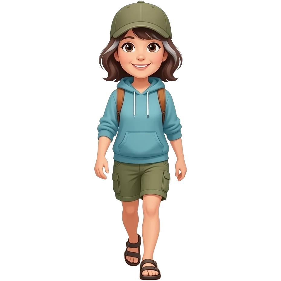58 year old Woman in Birkenstocks, no socks, cargo capri shorts, hoodie, dark brown hair with silver streaks, flat trail, walking emoji