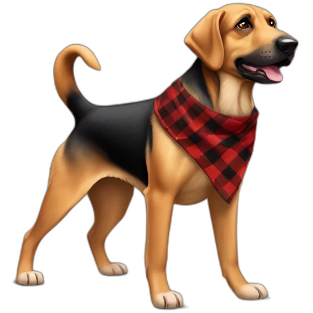 adult 75% Coonhound 25% German Shepherd mix dog with visible tail wearing small pointed red buffalo plaid bandana full body walking left quickly emoji