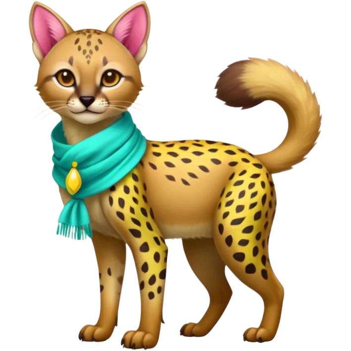 Colorful cute adorable tropical exotic fruity kiwi-green lemony rosy-pink blushing pastel neon-red Caracal-Cheetah-Civet-Trico-fusion-hybrid-animal-creature, full body, with tribal tattoos, wearing a yellow-and-cyan scarf emoji
