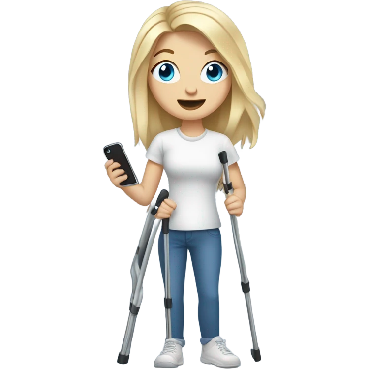 Goofy white girl blonde hair and blue eyes on crutches with an iPhone emoji