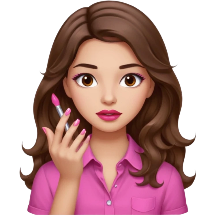 girl with long wavy brown hair, brown eyes, light to medium complexion, in a pink shirt, pink lips, long lashes, puckered lips, showing off painting long nails emoji