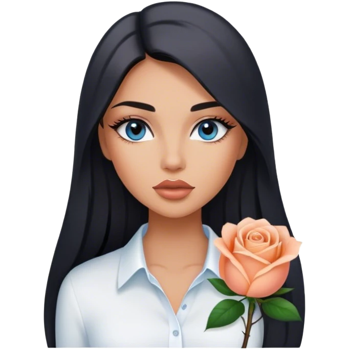 Glamours, tanned, very beautiful girl, with big pump peach-beige-rose lips, long long lashes, black straight smooth silky long hair, straight parting hair, blue-grey eyes, in white shirt emoji