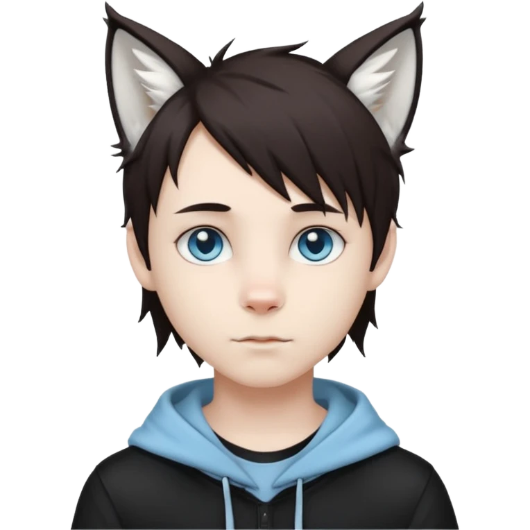 White cute boy with dark brown emo-style hair and white lynx ears emoji