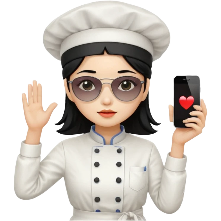 ["A sad woman with light skin, straight hair, wearing a chef hat and sunglasses, dressed in K-pop fashion, is dancing while holding a phone."] emoji