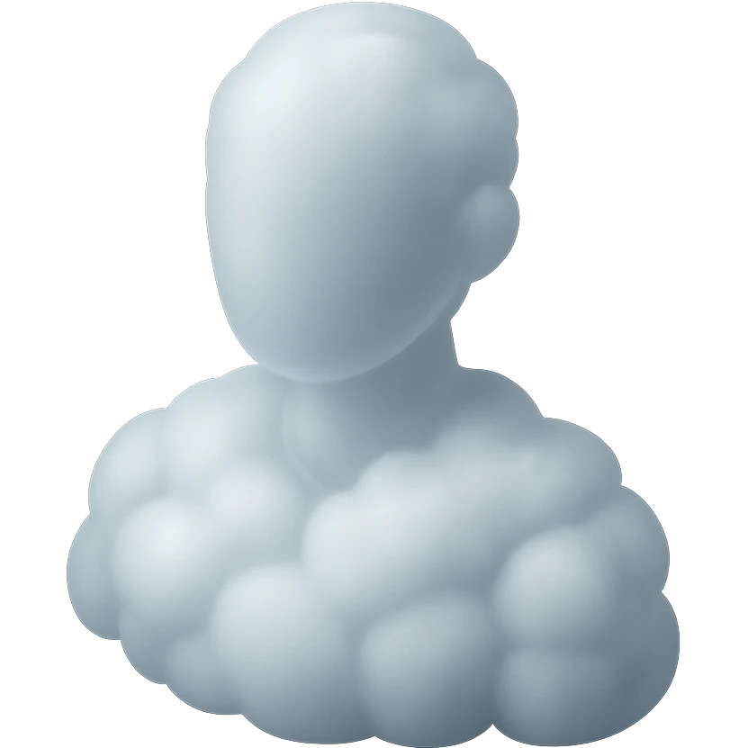 faceless person, facing straight, fully composed of white fluffy convex clouds, shoulders up, no shadows, matte glass style emoji