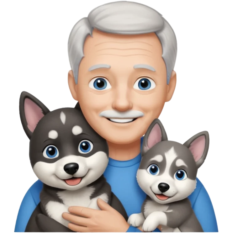 A 60 year old man with blue eyes and short light gray hair and slightly big ears, holding a black and white husky dog with floppy ears and white tuft eyebrows, both smiling emoji