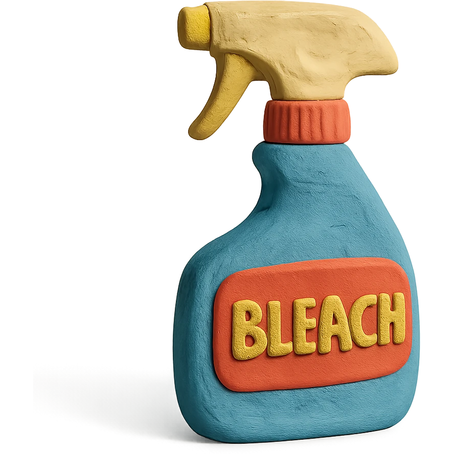 bleach spray bottle in claymation style with a bold label, playful arrangement, pastel palette emoji