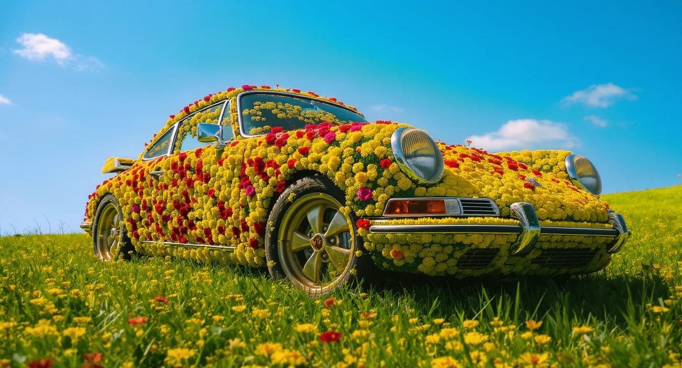 Closeup shot of a porsche 911, body of car made of grass and big colorfull flowers, green hill grass, blue clear sky, dutch angle, captured by ARRI 65 emoji