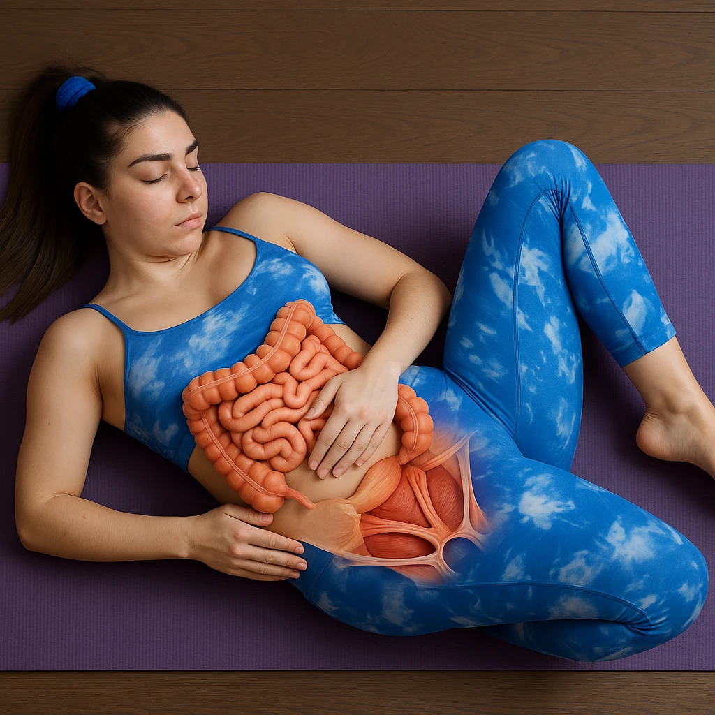 A slender woman in 4K lying on a yoga mat, knees bent towards the chest, one hand on the abdomen, with an anatomical overlay highlighting the intestine and pelvic muscles, inspired by the reference photo. emoji
