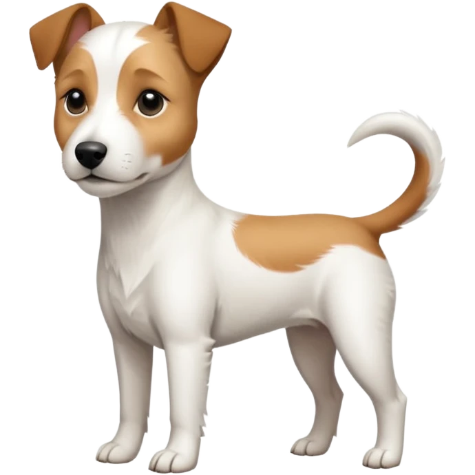 a full body slightly chubby white parson russell terrier looking dog the size of a kelpie with light brown long ears and a light brown patch on one eye and a large snout emoji