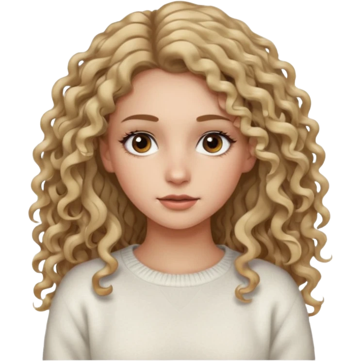 a dirty blonde girl with brown eyes and make her wearing a white sweater and  with really long curly hair and white skin color, long hair and really big lashes emoji