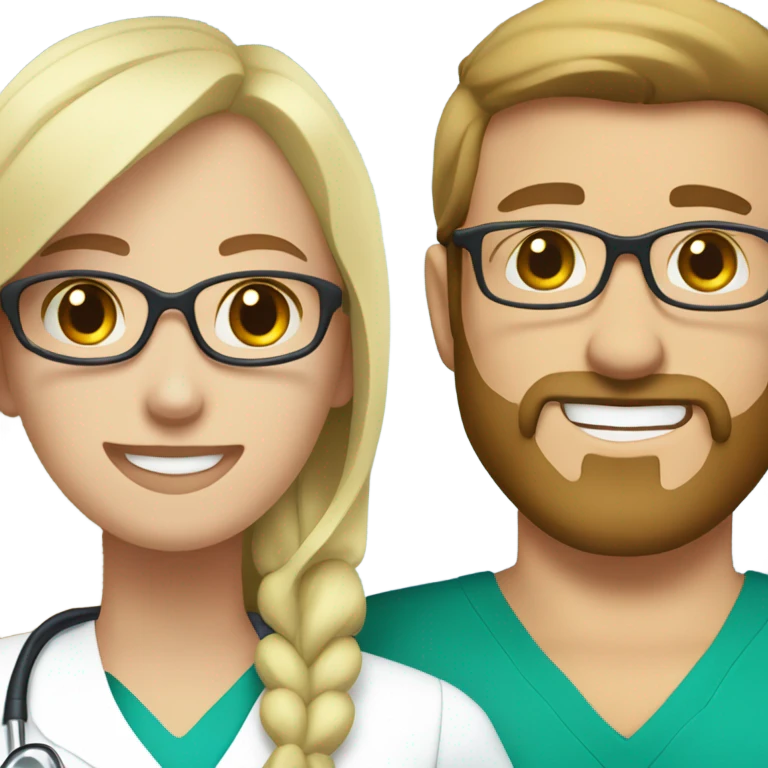 blond nurse caring for Caucasian man with brow hair beard and glasses emoji