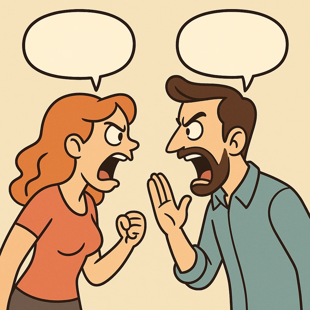 man and woman shouting with speech bubbles, bold colors, flat-toon style emoji