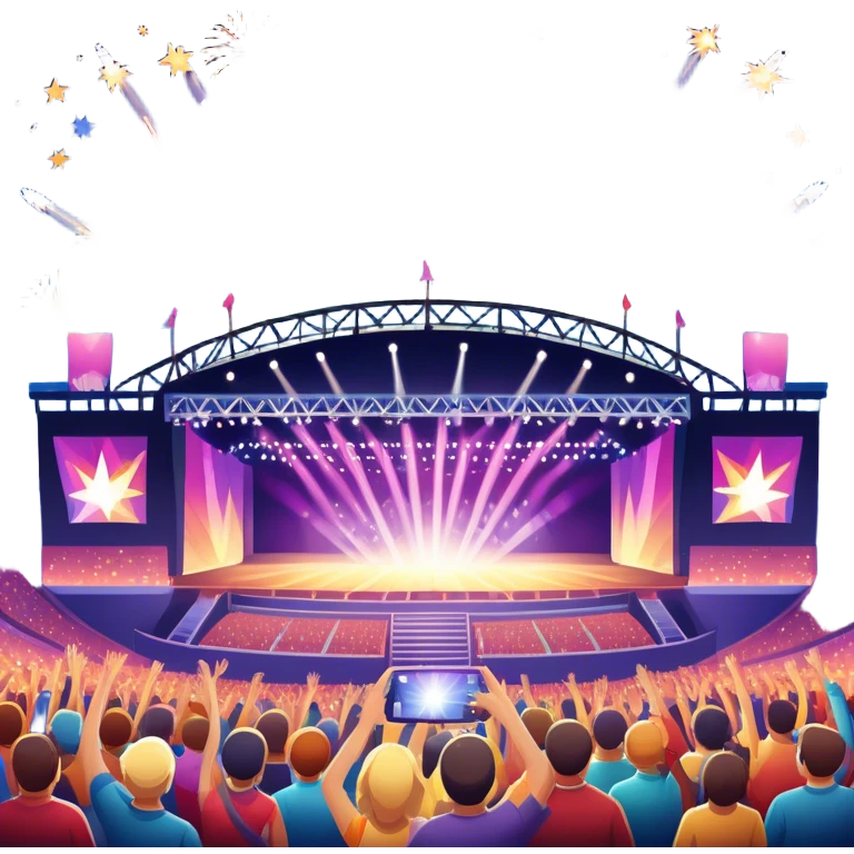 An icon showing a stadium stage with a concert in full swing, bright stage lights illuminating the performers, and fireworks bursting in the sky. The excitement of the crowd is palpable, symbolizing a love for live music and unforgettable shows. transparent background. emoji