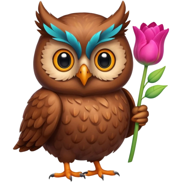 Cute Brown Owl holding a tulip emoji